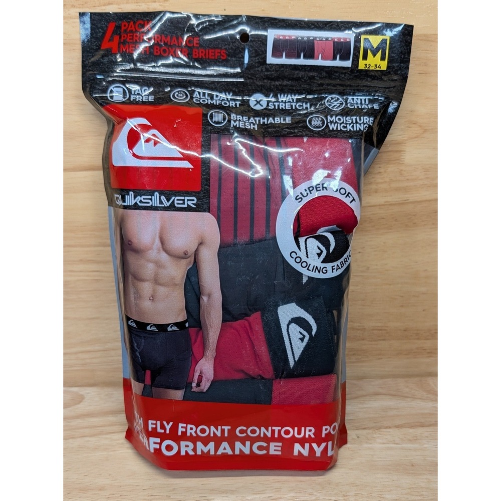 Quiksilver Mens 4 Pack Performance Mesh Boxer Briefs Black Red Size Medium 32-34